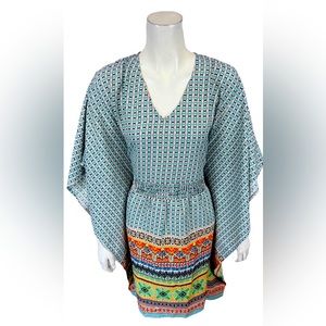 TOLANI BLUE FLOWY PATTERN V-NECKLINE BACKLESS SUMMER DRESS OR SWIMSUIT COVER UP